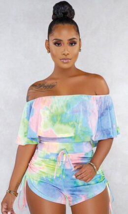 Sexy Fashion Print Ruffled Patchwork Polyester Short Sleeve one word collar