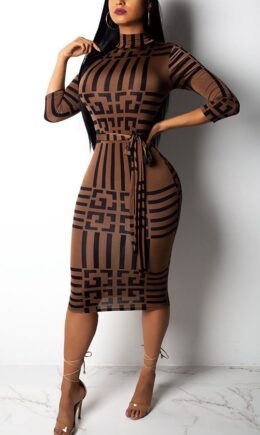 Sexy Fashion Cap Sleeve Long Sleeves O neck Pencil Dress Knee-Length Print chain Patchwork