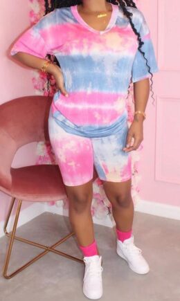 Polyester Fashion Sexy adult Patchwork Print Two Piece Suits Straight Short Sleeve Two Pieces