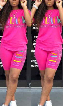 Polyester Fashion Casual adult Letter Patchwork Print Two Piece Suits pencil Short Sleeve Two Pieces