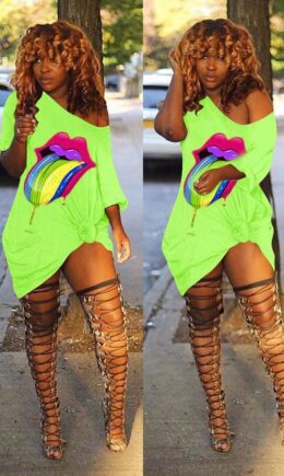 Polyester adult Sexy Street Fashion Cap Sleeve Short Sleeves O neck Swagger Mini Print Solid lip Cl