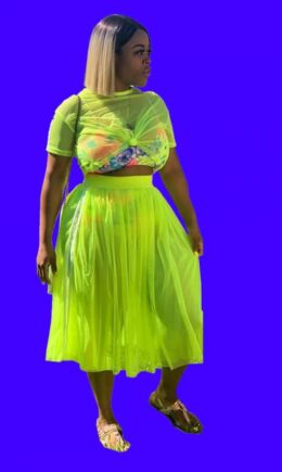Fluorescent green Polyester Sexy Fashion asymmetrical Fluorescent crop top Solid Two Piece Suits Draped Pleated skirt