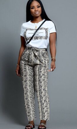 Polyester Casual Print Straight Short Sleeve  Two-piece Pants Set