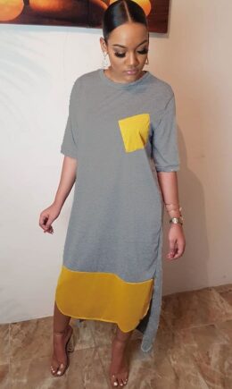 Polyester Fashion Casual Cap Sleeve Half Sleeves O neck Straight Mid-Calf Pocket Patchwork Print