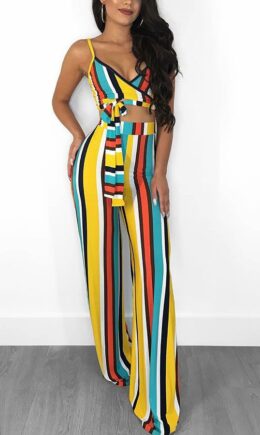 Multi-color Elastic Fly High Striped Straight Pants  Two-piece suit