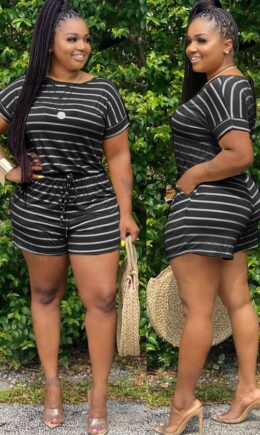 Fashion Casual Print Striped Patchwork bandage Polyester Short Sleeve O Neck Jumpsuits