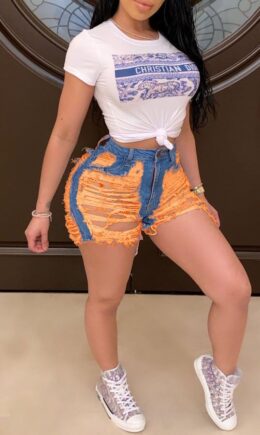 Denim Zipper Fly Mid Hole Zippered Boot Cut shorts Bottoms