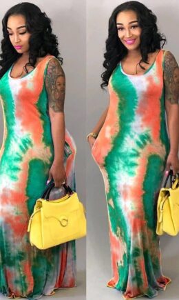 watermelon red Polyester Fashion Sexy adult watermelon red Tank Sleeveless Slip Swagger Ankle-Length Print Patchwork Tie and dye Dresses