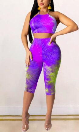 Polyester Fashion Sexy adult Ma'am Print backless Tie Dye Two Piece Suits pencil Sleeveless Two Pieces