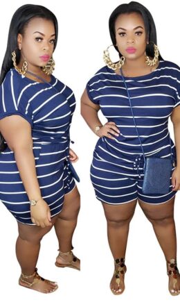 Hide Sexy Print Striped Polyester Short Sleeve Boat Neck Jumpsuits