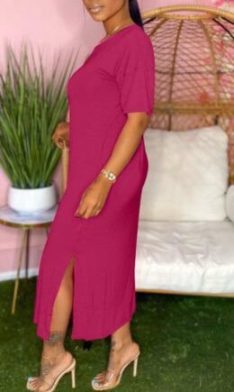 pink Fashion Casual pink Sleeve Short Sleeves O neck Straight Ankle-Length Solid Dresses