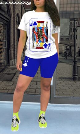 Royal blue Polyester Fashion Casual Print Straight Short Sleeve Two Pieces