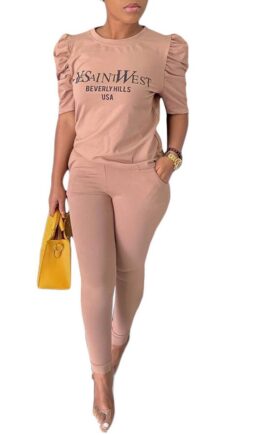 Polyester Fashion Casual Print pencil Half Sleeve Two Pieces