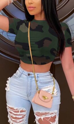 Camouflage Multi-color Camouflage Polyester O Neck Short Sleeve Patchwork Print Slim fit backless Camouflage Tie Dye Bandage crop top Tops