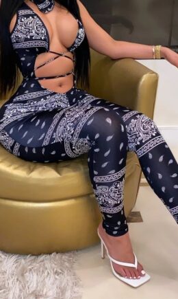 Sexy Print Sleeveless Half-Open collar Jumpsuits