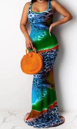 Polyester Fashion adult Ma'am Lightly cooked Tank Sleeveless O neck Mermaid Floor-Length Print Dresses