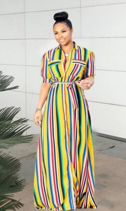 Polyester Casual Fashion Cap Sleeve Half Sleeves Turndown Collar Straight Ankle-Length fastener Argy