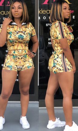 Polyester Sexy Fashion Patchwork Print Straight Short Sleeve  Two-Piece Short Set