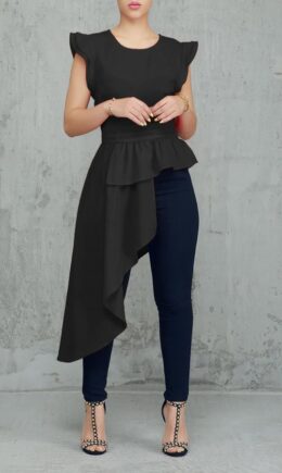 O Neck Bell Sleeve Solid Flare sleeve ruffle asymmetrical Long Sleeve Tops