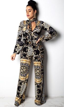 Multi-color Polyester Elastic Fly Long Sleeve Mid Zippered Print bandage Patchwork Skinny Pants  Jumpsuits And  Rom