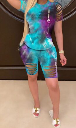 Polyester Fashion Sexy Print Tie Dye Burn-out Two Piece Suits pencil Short Sleeve Two Pieces