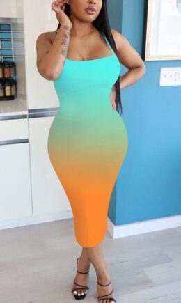 Cyan Milk. Fashion adult Ma'am Street Off The Shoulder Sleeveless Slip Step Skirt Mid-Calf Ombre backless Dresses