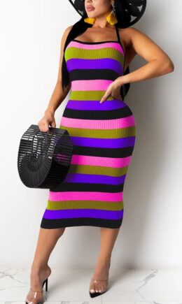 Polyester Fashion Sexy adult Ma'am Off The Shoulder Sleeveless Halter Neck Step Skirt Mid-Calf Striped Dresses