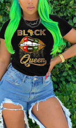 Polyester O Neck Short Sleeve Letter Patchwork Print Slim fit Lips Print Tops