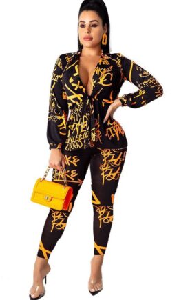 Polyester Sexy Letter Two Piece Suits Print pencil Long Sleeve  Two-piece Pants Set