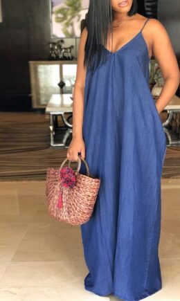 Fashion Casual Spaghetti Strap Sleeveless V Neck A-Line Floor-Length Old washing Dresses