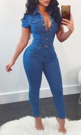 Fashion Sexy Casual Old washing Short Sleeve V Neck Jumpsuits