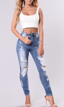 Denim Zipper Fly High Hole Old Zippered pencil Pants Bottoms
