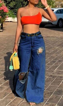 Denim Zipper Fly High Hole Asymmetrical Loose Pants Bottoms