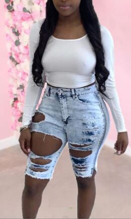 Denim Zipper Fly High Hole washing Old Zippered Straight Capris Bottoms