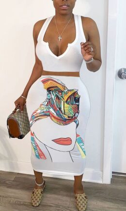 Polyester Fashion Casual adult Ma'am Print Two Piece Suits A-line skirt Sleeveless Two Pieces