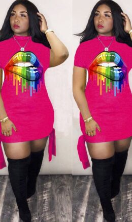 Cotton Fashion Sexy adult Ma'am Cap Sleeve Short Sleeves O neck Hip skirt skirt Print lip asymmetrical Dresses