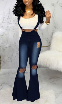 Denim Bib pants Sleeveless High Patchwork Solid Hole Boot Cut Pants Bottoms