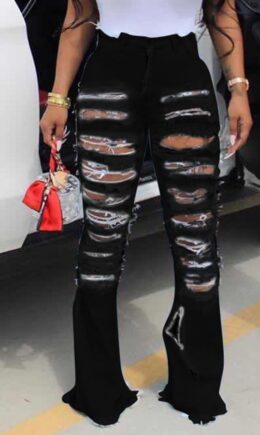 Denim Zipper Fly Mid Solid Hole Straight Pants Bottoms