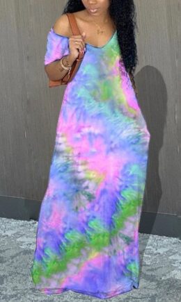 Milk. Fashion adult Ma'am Street Cap Sleeve Short Sleeves V Neck Pencil Dress Floor-Length Tie and dye Dresses