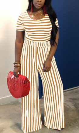 Milk Silk Fashion adult Ma'am Street Striped Solid Two Piece Suits Loose Short Sleeve Two Pieces
