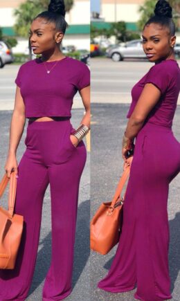fuchsia Polyester Casual Fashion Slim fit crop top Solid Two Piece Suits Straight