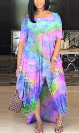 Milk. Fashion adult Ma'am Street Cap Sleeve Short Sleeves O neck Princess Dress Floor-Length Print Tie and dye asymmetrical Dresses