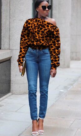 Leopard print One Shoulder Collar Print Polyester Print Long Sleeve