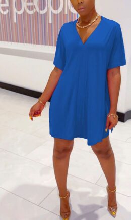 Royal blue Polyester Fashion Street Solid Two Piece Suits Straight Short Sleeve Two Pieces