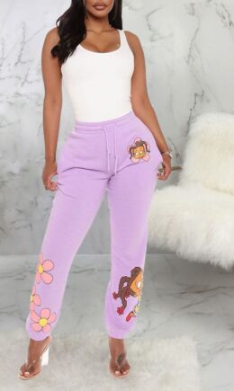 Cotton Drawstring Mid Print Character Straight Pants Bottoms