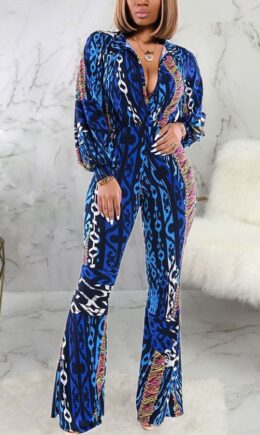 multicolor Fashion Sexy Print Polyester Long Sleeve Turndown Collar Jumpsuits