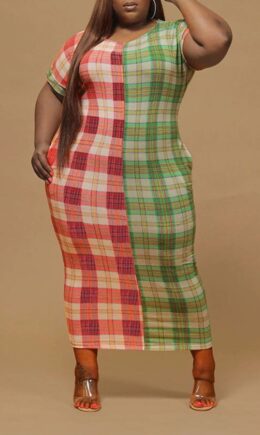 Red-green Polyester Sexy O Neck Plaid Print Pattern Plus Size
