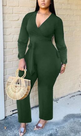 Fashion Sexy Solid Polyester Long Sleeve V Neck Jumpsuits