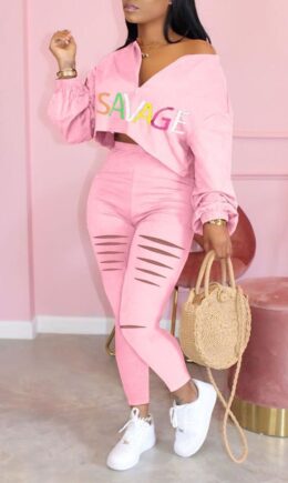 Polyester Casual Letter Print Hole Straight Long Sleeve Two Pieces