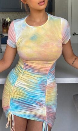 multicolor Sexy Short Sleeves O neck Step Skirt Mini Print bandage Draped Tie and dye Dresses